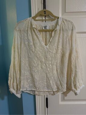 Johnny Was Jade Ivory Embroidered V-Neck Peasant Blouse